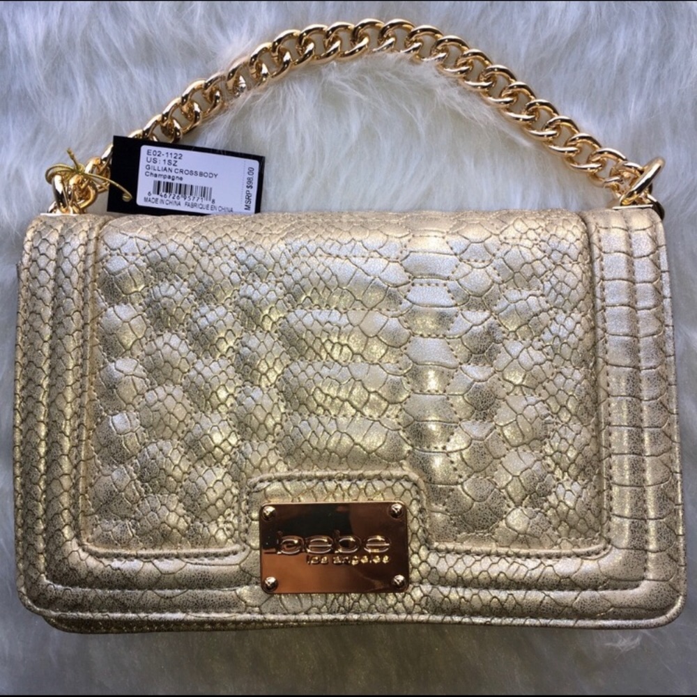BEBE GOLD GILIAN CROSSBODY BAG FAUX LEATHER CROCODILE FINISH NWT